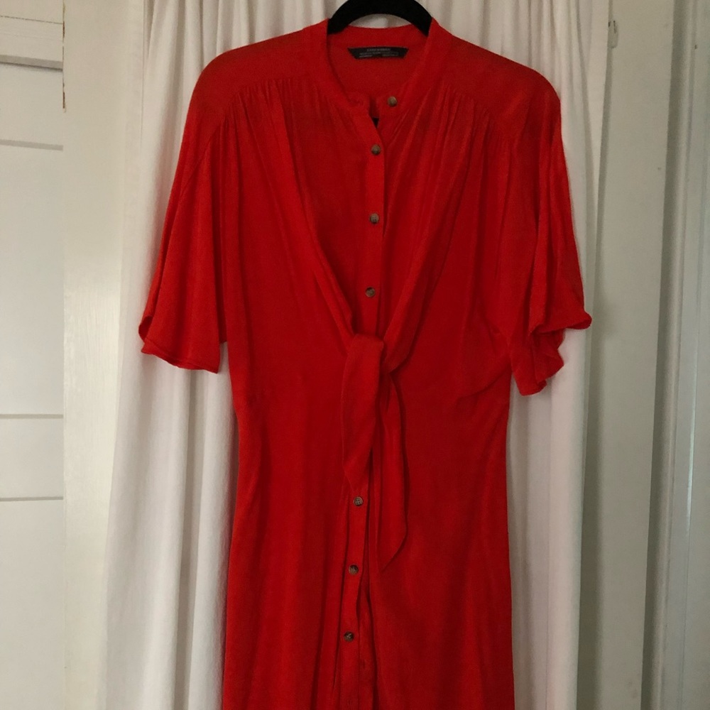 Red button up dress with tie front